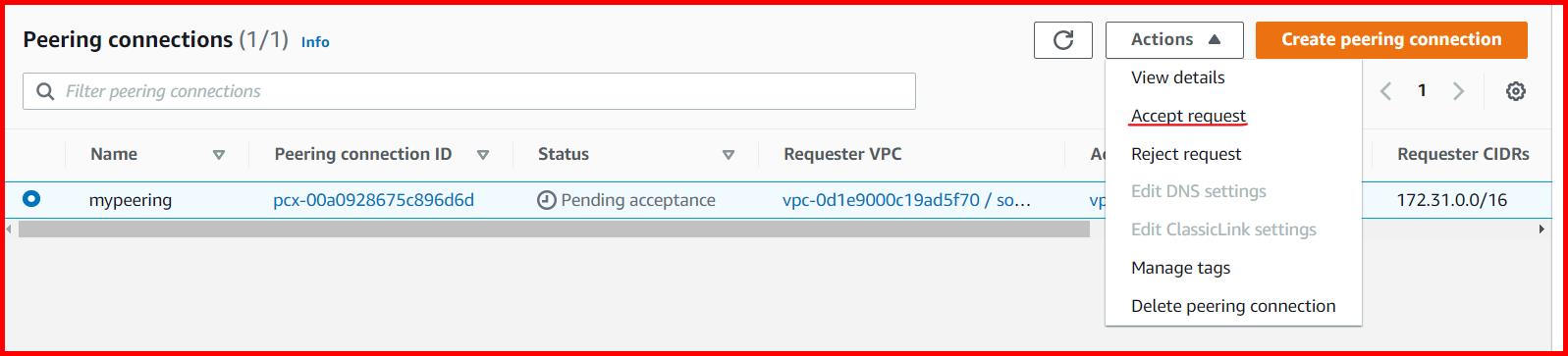 Picture showing accepting the peering connection